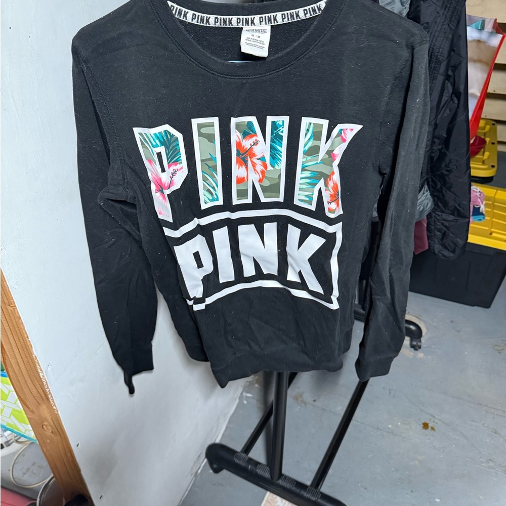 PINK Victoria's Secret Black Sweatshirt with Tropical Print
